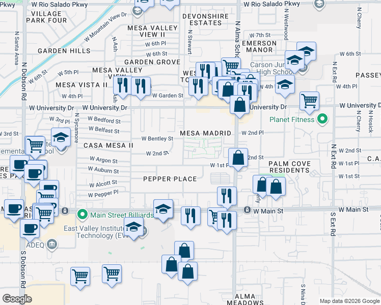 map of restaurants, bars, coffee shops, grocery stores, and more near 206 North Standage in Mesa