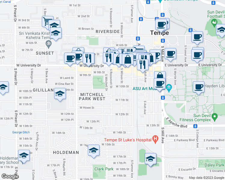 map of restaurants, bars, coffee shops, grocery stores, and more near 1009 South Roosevelt Street in Tempe