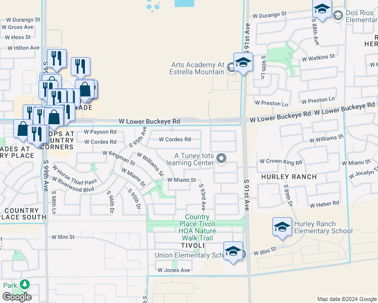 map of restaurants, bars, coffee shops, grocery stores, and more near 9327 West Williams Street in Tolleson