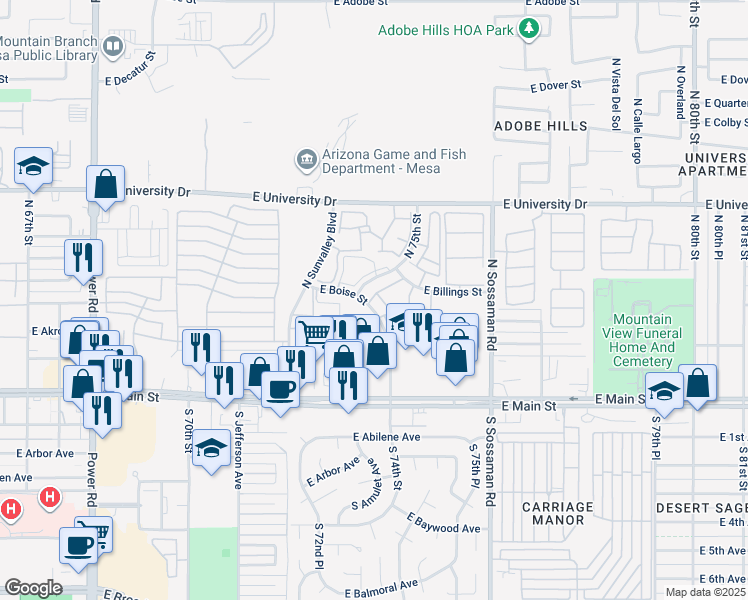 map of restaurants, bars, coffee shops, grocery stores, and more near 205 North 74th Street in Mesa