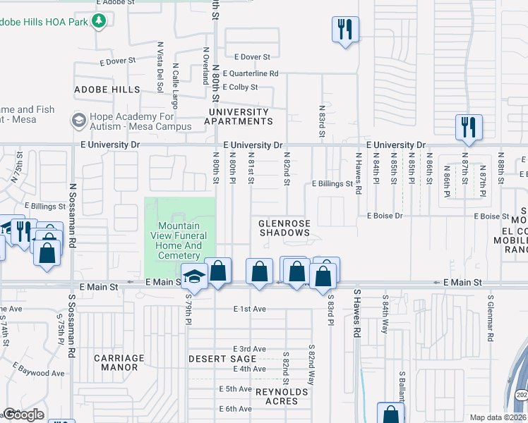 map of restaurants, bars, coffee shops, grocery stores, and more near 152 North 81st Place in Mesa
