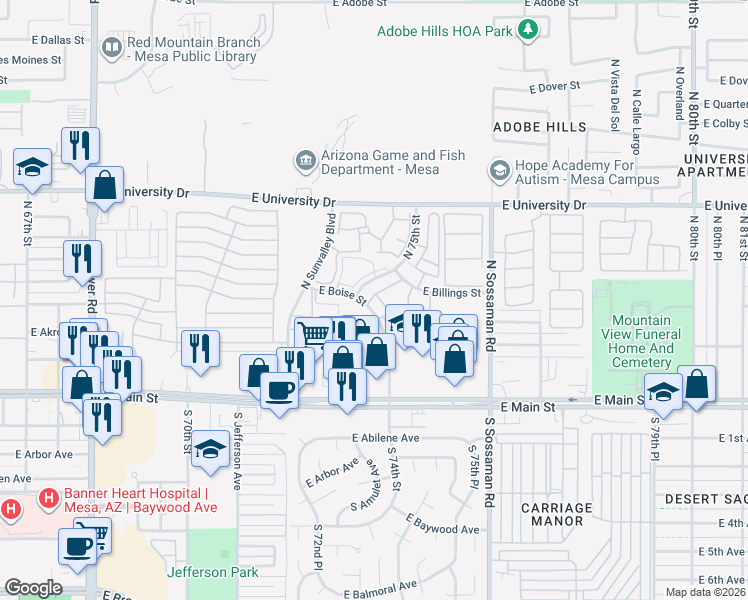 map of restaurants, bars, coffee shops, grocery stores, and more near 205 North 74th Street in Mesa