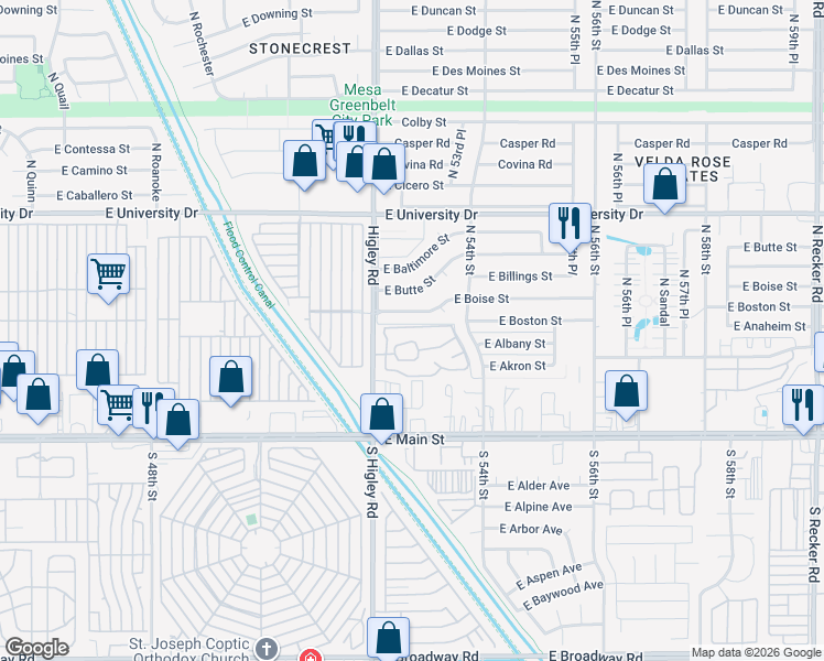 map of restaurants, bars, coffee shops, grocery stores, and more near East Casa De Paz in Mesa