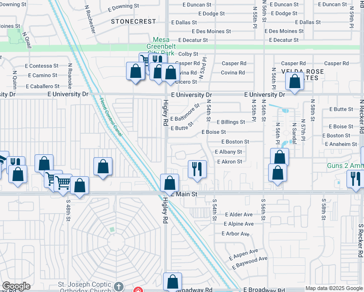 map of restaurants, bars, coffee shops, grocery stores, and more near East Casa De Paz in Mesa