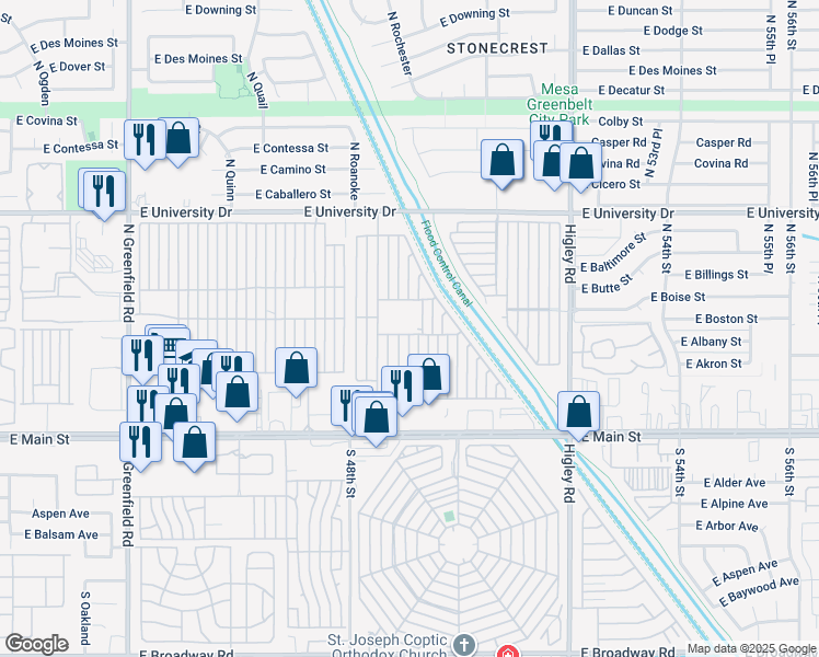 map of restaurants, bars, coffee shops, grocery stores, and more near 4860 East Main Street in Mesa