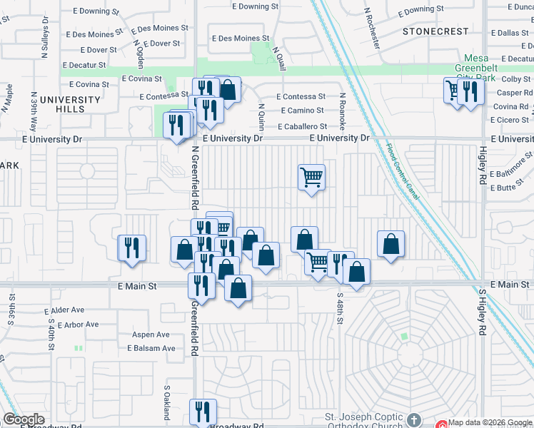 map of restaurants, bars, coffee shops, grocery stores, and more near North Mesa Regal Recreation Veh Park in Mesa