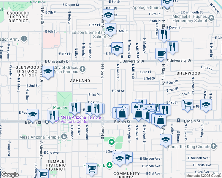 map of restaurants, bars, coffee shops, grocery stores, and more near 146 North Fraser Drive West in Mesa
