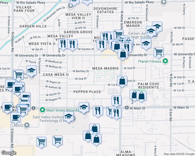 map of restaurants, bars, coffee shops, grocery stores, and more near 206 North Standage in Mesa
