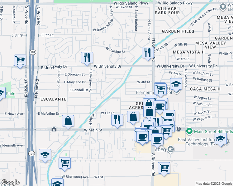 map of restaurants, bars, coffee shops, grocery stores, and more near 2220 West Dora Street in Mesa