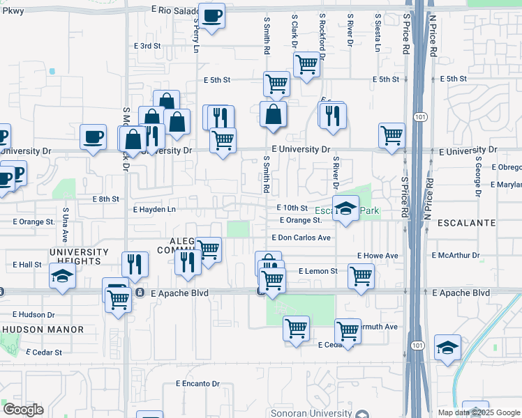 map of restaurants, bars, coffee shops, grocery stores, and more near 920 South Kenwood Circle in Tempe