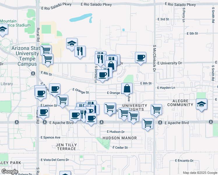 map of restaurants, bars, coffee shops, grocery stores, and more near 1322 East Orange Street in Tempe