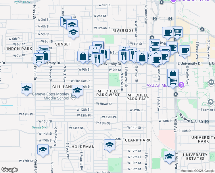 map of restaurants, bars, coffee shops, grocery stores, and more near 727 West 10th Street in Tempe