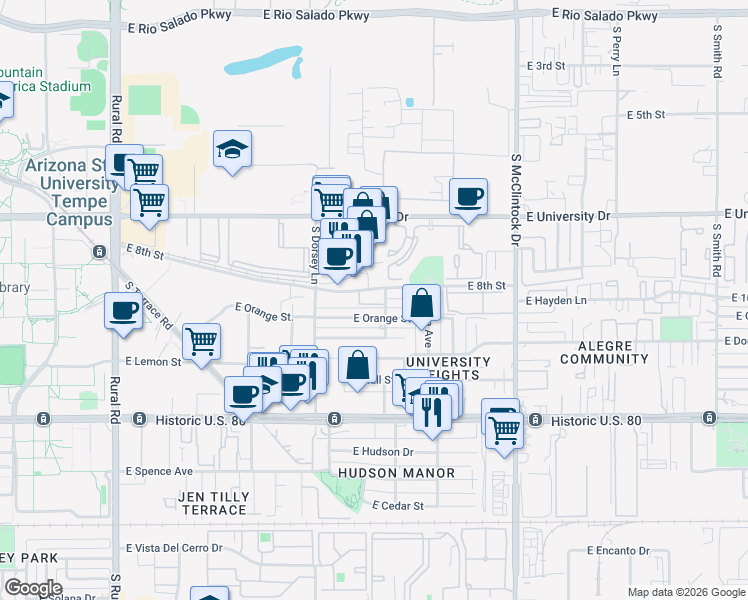 map of restaurants, bars, coffee shops, grocery stores, and more near 1350 East Orange Street in Tempe