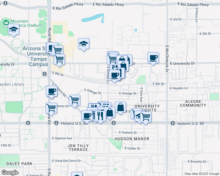 map of restaurants, bars, coffee shops, grocery stores, and more near 912 South Dorsey Lane in Tempe