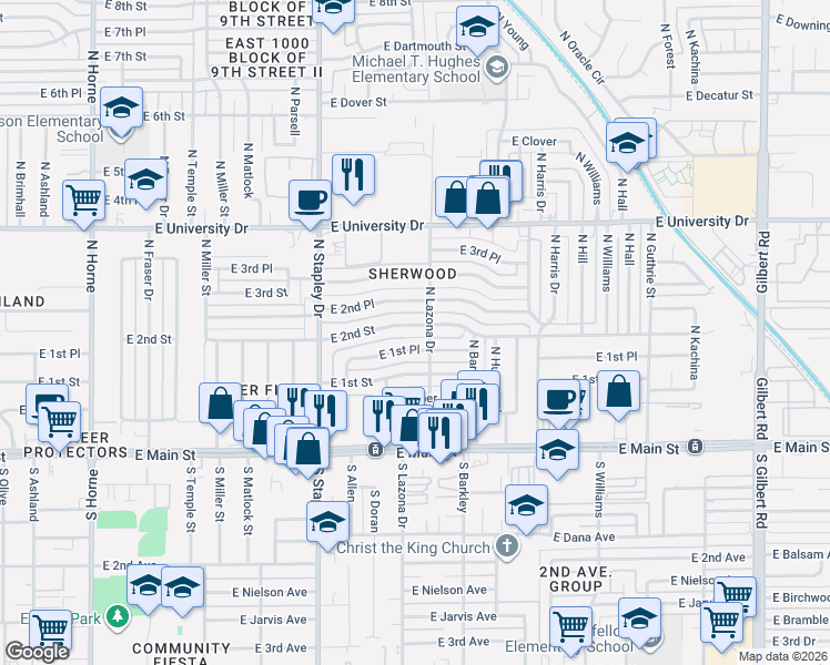 map of restaurants, bars, coffee shops, grocery stores, and more near 1410 East 1st Place in Mesa