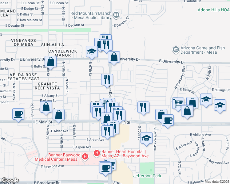 map of restaurants, bars, coffee shops, grocery stores, and more near in Mesa