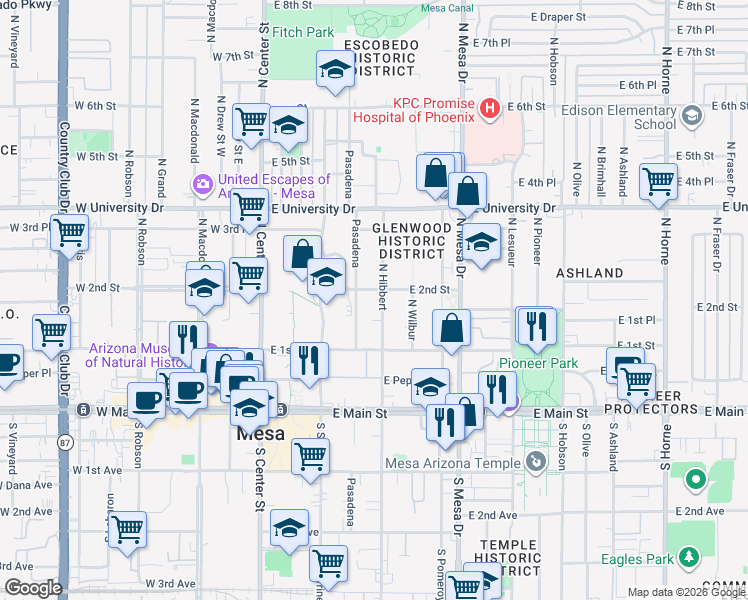 map of restaurants, bars, coffee shops, grocery stores, and more near 140 North Hibbert in Mesa