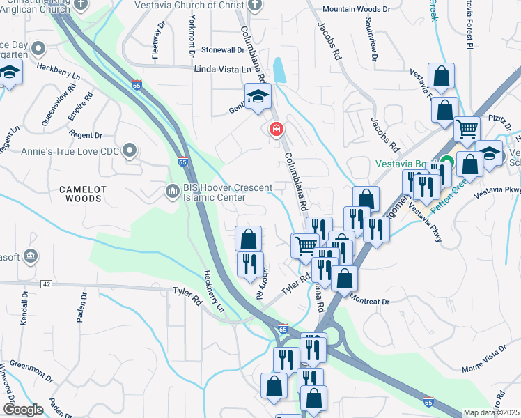 map of restaurants, bars, coffee shops, grocery stores, and more near 150 Castlehill Drive in Vestavia Hills