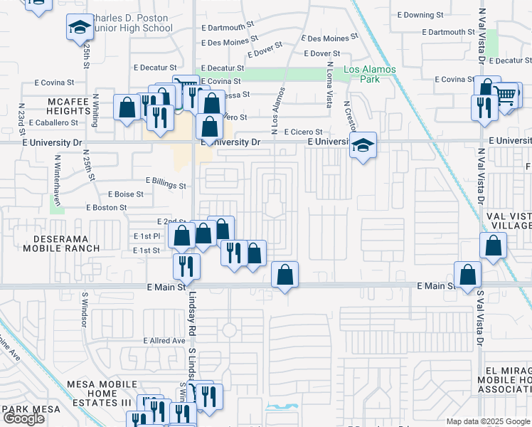 map of restaurants, bars, coffee shops, grocery stores, and more near J St in Mesa