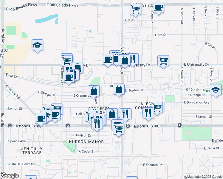 map of restaurants, bars, coffee shops, grocery stores, and more near 1701 East 8th Street in Tempe