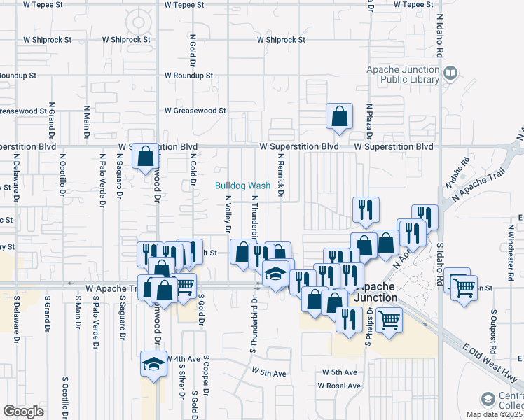 map of restaurants, bars, coffee shops, grocery stores, and more near 384 North Rennick Drive in Apache Junction