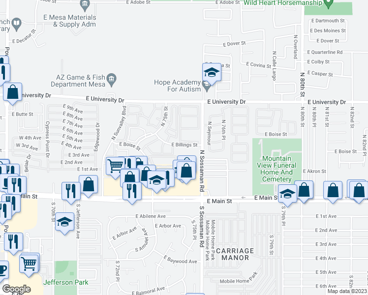 map of restaurants, bars, coffee shops, grocery stores, and more near 7531 East Billings Street in Mesa