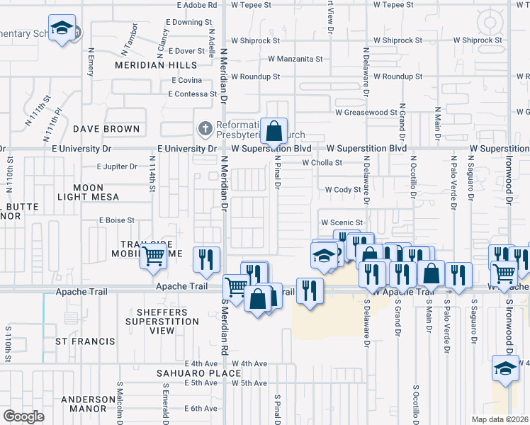 map of restaurants, bars, coffee shops, grocery stores, and more near 358 North Pinal Drive in Apache Junction