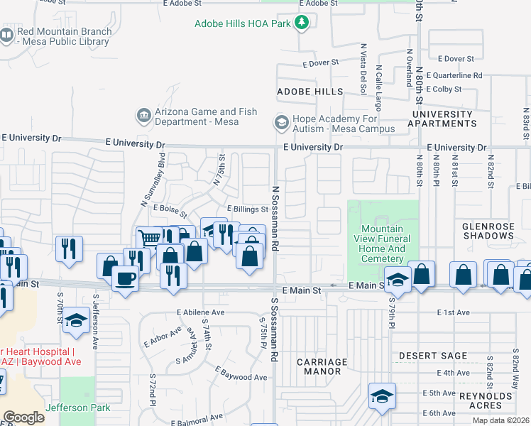 map of restaurants, bars, coffee shops, grocery stores, and more near in Mesa