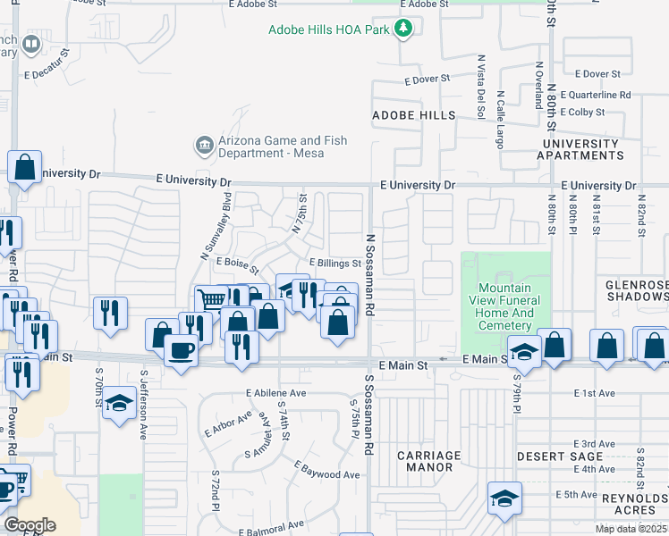 map of restaurants, bars, coffee shops, grocery stores, and more near 130 North Sossaman Road in Mesa