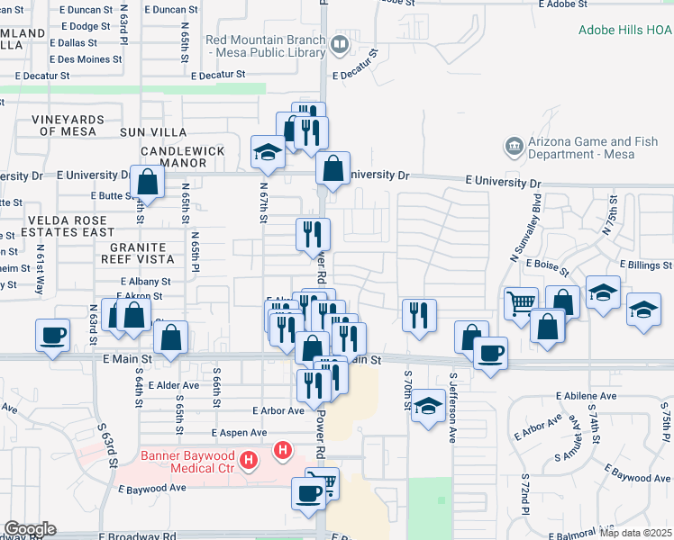 map of restaurants, bars, coffee shops, grocery stores, and more near in Mesa