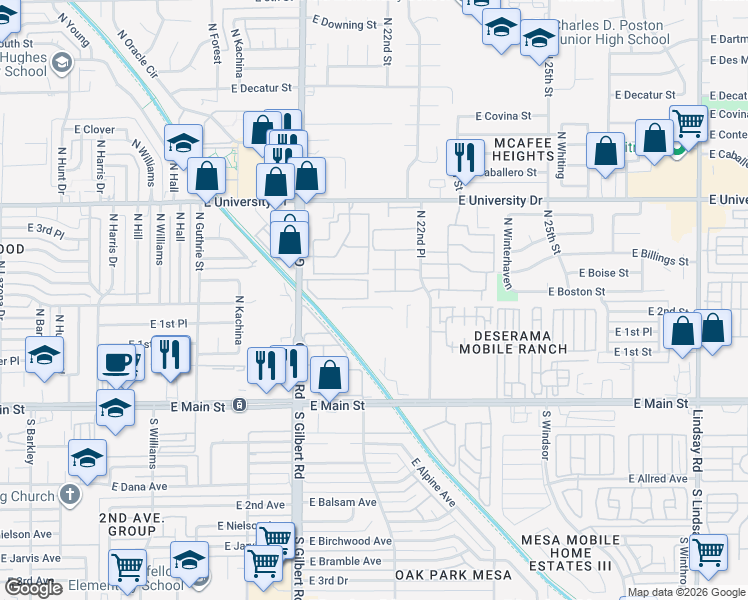 map of restaurants, bars, coffee shops, grocery stores, and more near 220 North 22nd Place in Mesa