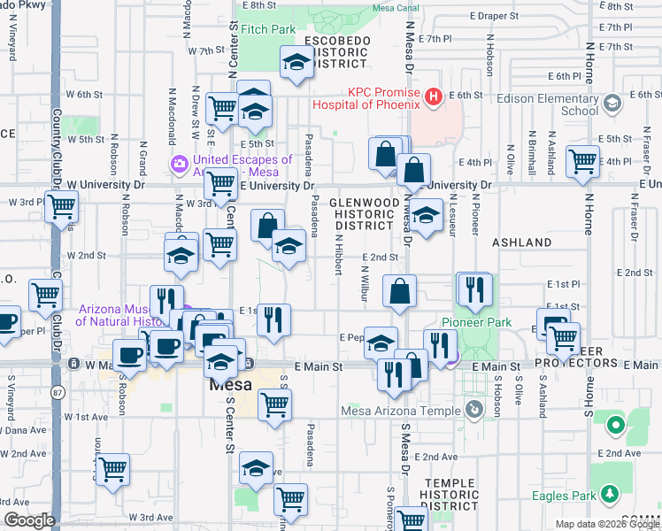 map of restaurants, bars, coffee shops, grocery stores, and more near 140 North Hibbert in Mesa