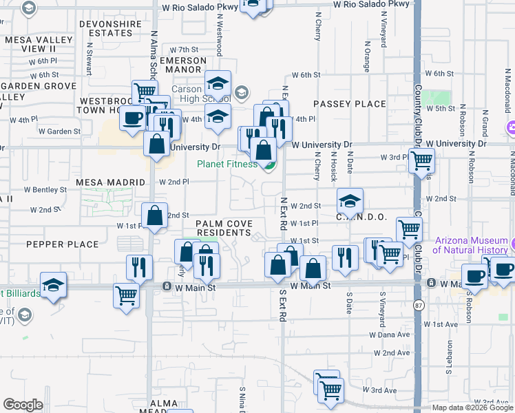 map of restaurants, bars, coffee shops, grocery stores, and more near Eperney Apartments in Mesa