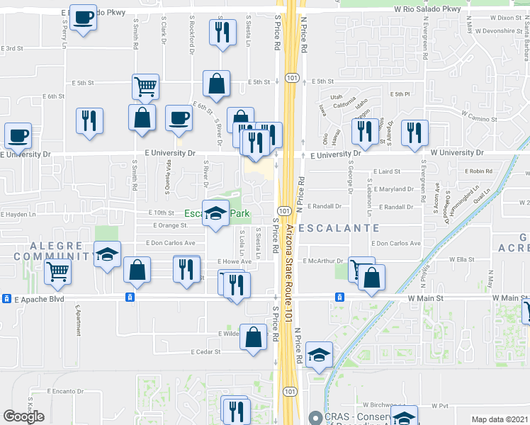 map of restaurants, bars, coffee shops, grocery stores, and more near in Tempe