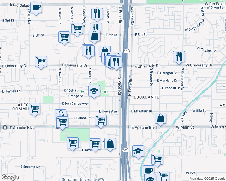 map of restaurants, bars, coffee shops, grocery stores, and more near in Tempe