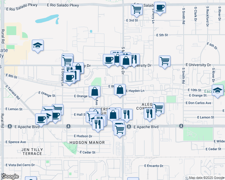 map of restaurants, bars, coffee shops, grocery stores, and more near 1701 East 8th Street in Tempe