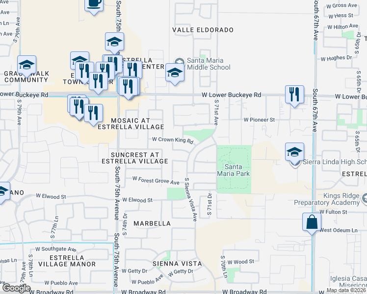 map of restaurants, bars, coffee shops, grocery stores, and more near 3318 South 71st Glen in Phoenix