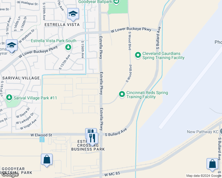 map of restaurants, bars, coffee shops, grocery stores, and more near 3125 S Wood Blvd in Goodyear
