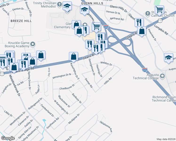 map of restaurants, bars, coffee shops, grocery stores, and more near 3410 Webster Road in Augusta