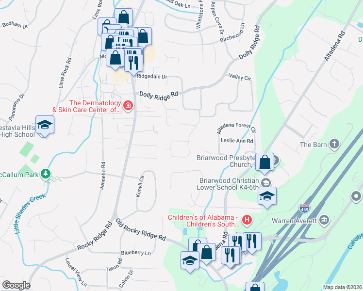 map of restaurants, bars, coffee shops, grocery stores, and more near 2457 Dolly Ridge Trail in Vestavia Hills