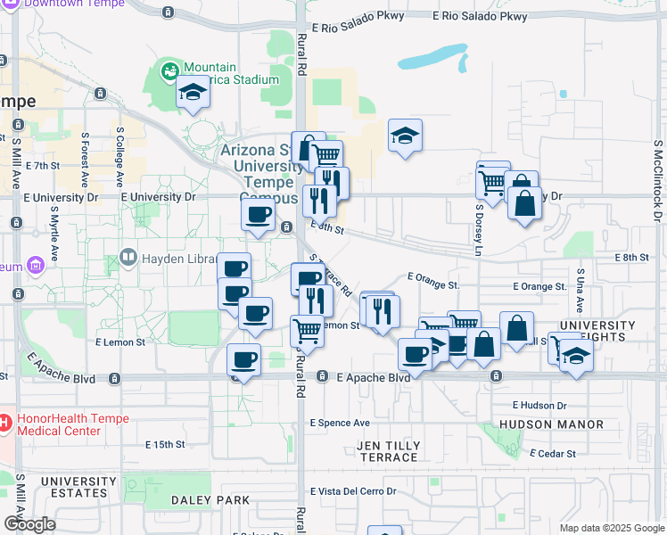 map of restaurants, bars, coffee shops, grocery stores, and more near 920 South Terrace Road in Tempe