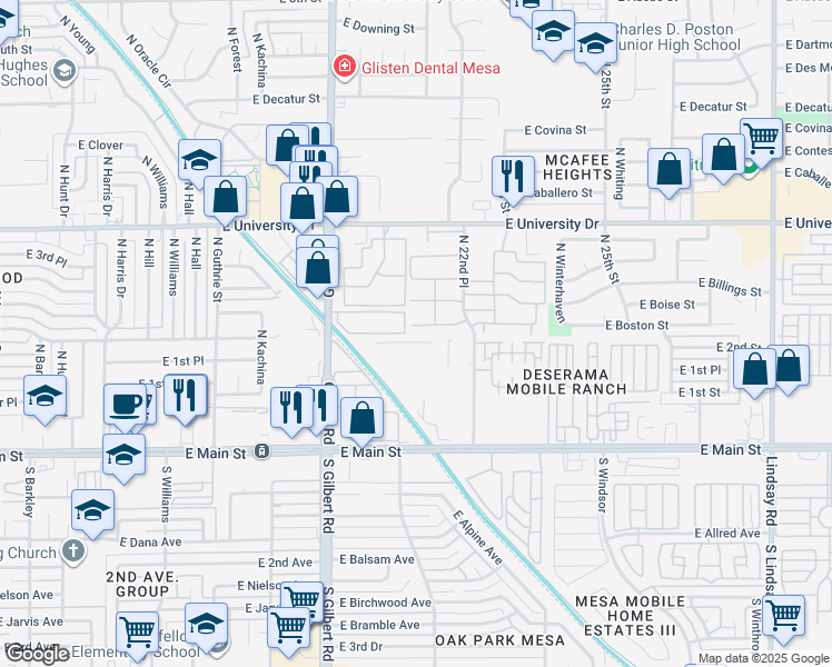 map of restaurants, bars, coffee shops, grocery stores, and more near 220 North 22nd Place in Mesa