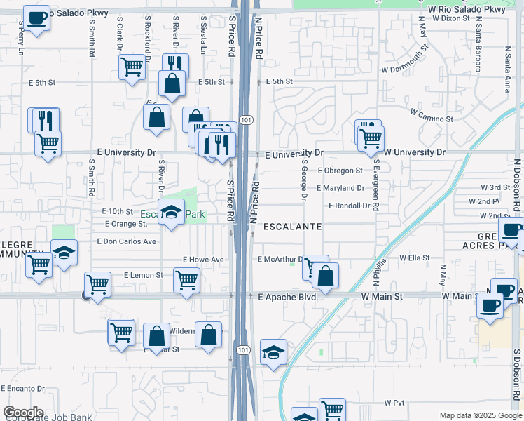 map of restaurants, bars, coffee shops, grocery stores, and more near 2237 East Randall Drive in Tempe