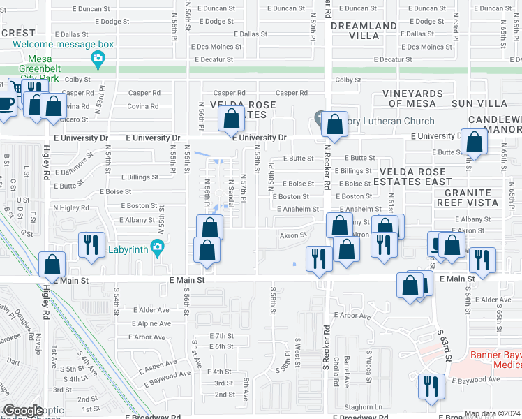 map of restaurants, bars, coffee shops, grocery stores, and more near 163 North 58th Street in Mesa