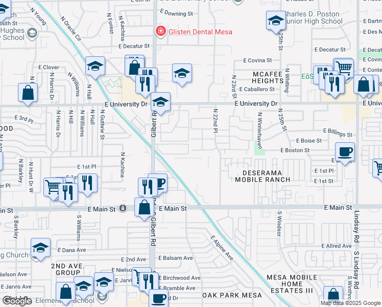 map of restaurants, bars, coffee shops, grocery stores, and more near 220 North 22nd Place in Mesa