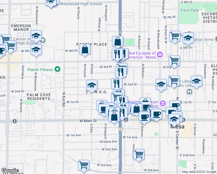 map of restaurants, bars, coffee shops, grocery stores, and more near 446 West Clark Street in Mesa