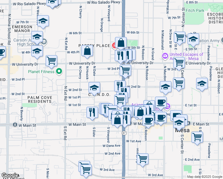 map of restaurants, bars, coffee shops, grocery stores, and more near 446 West Clark Street in Mesa