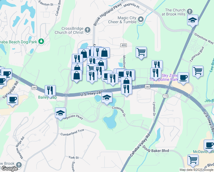 map of restaurants, bars, coffee shops, grocery stores, and more near 5243 Hwy 280 in Birmingham