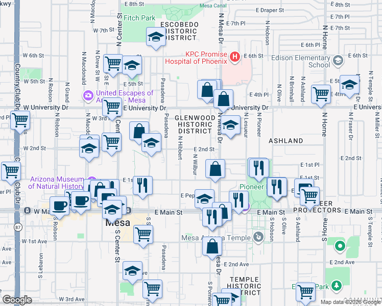 map of restaurants, bars, coffee shops, grocery stores, and more near 132 North Wilbur in Mesa