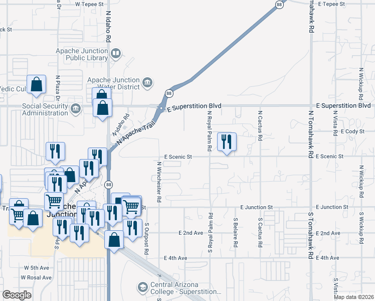 map of restaurants, bars, coffee shops, grocery stores, and more near 612 East Scenic Street in Apache Junction